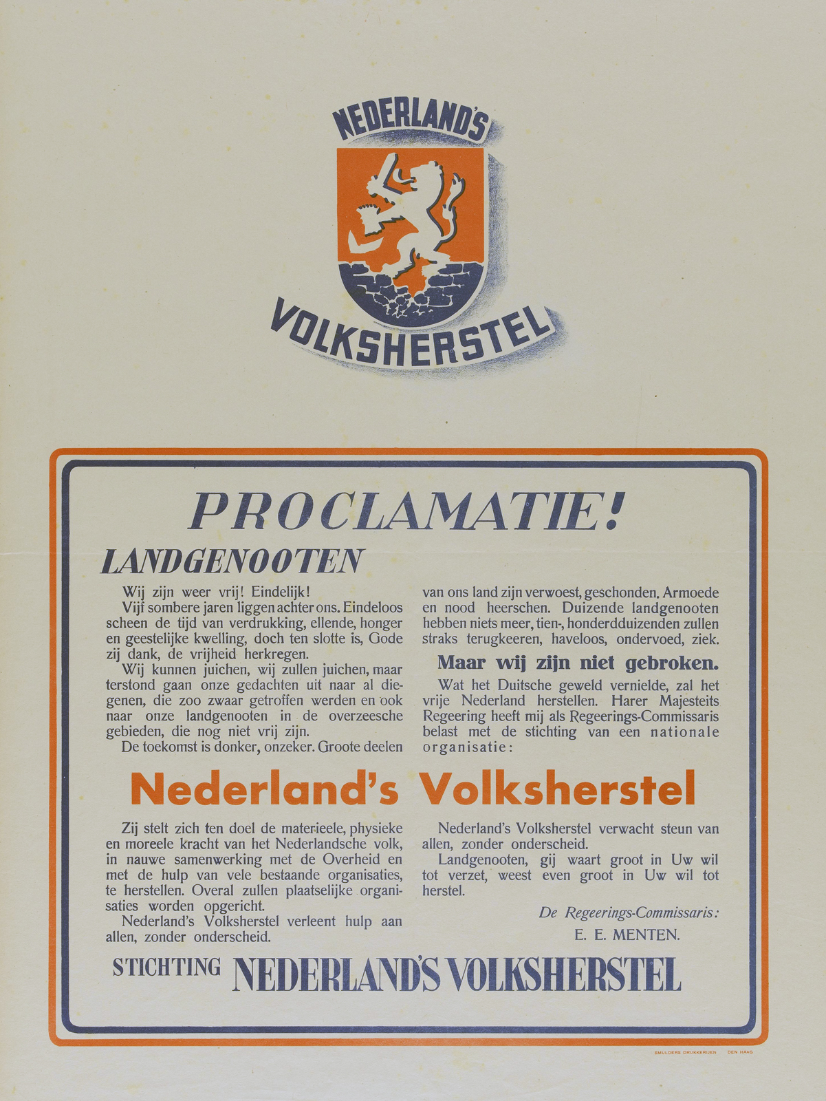 Proclamatie van Nederlands Volksherstel, waarin zij aankondigt binnenkort met hulpverlening te beginnen